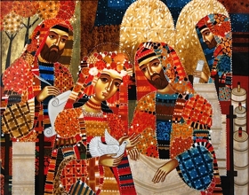 Painting, 'Priscilla', with Aquila, Paul (left) and Apollos (right), by Silvia Dimitrova, commissioned by Graham and Alison Kings 2013, egg tempera on wood.
